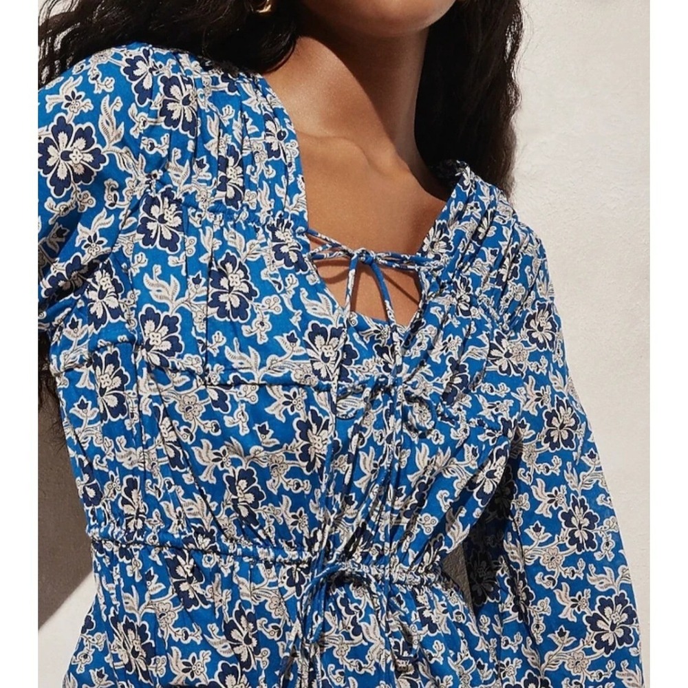 J.Crew Floral Tie-Front Smocked Mini Dress Womens Medium Blue Cottagecore Boho